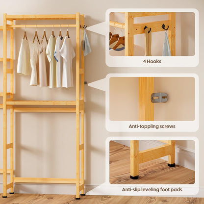 Cozivolife Over The Washer Dryer Storage Shelf: Bamboo 5 Tiers (Natural) | Laundry Room Drying Rack with Adjustable Shelves and 4 Hooks - Space Saver Organizer for Hanging Clothes and Towels