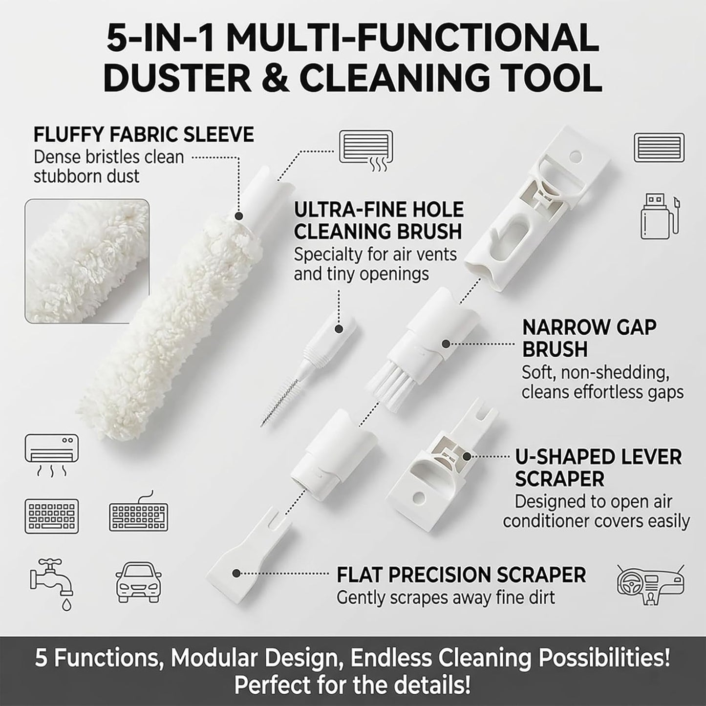Home Detail Cleaning Kit, Crevice Cleaning Brush, 5-in-1 Detail Duster, Replacement Pads, Microfiber Sleeves and Storage Bag for Window Tracks, Air Vents, Kitchen and Bathroom