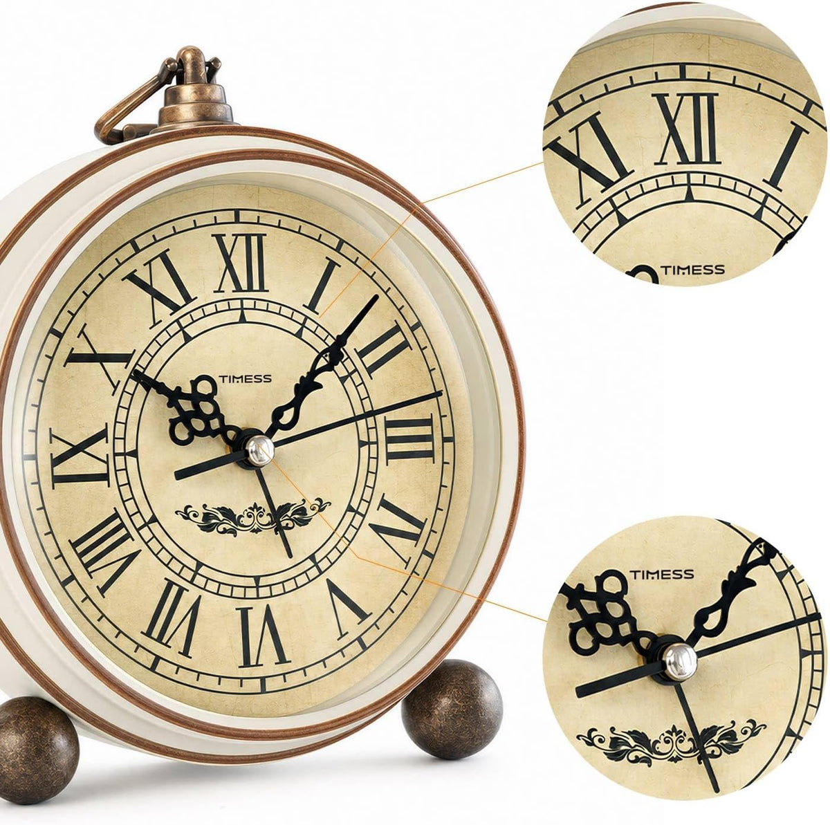 TIMESS 4.3-Inch Vintage Analog Alarm Clock, Silent Non-Ticking, Brown
