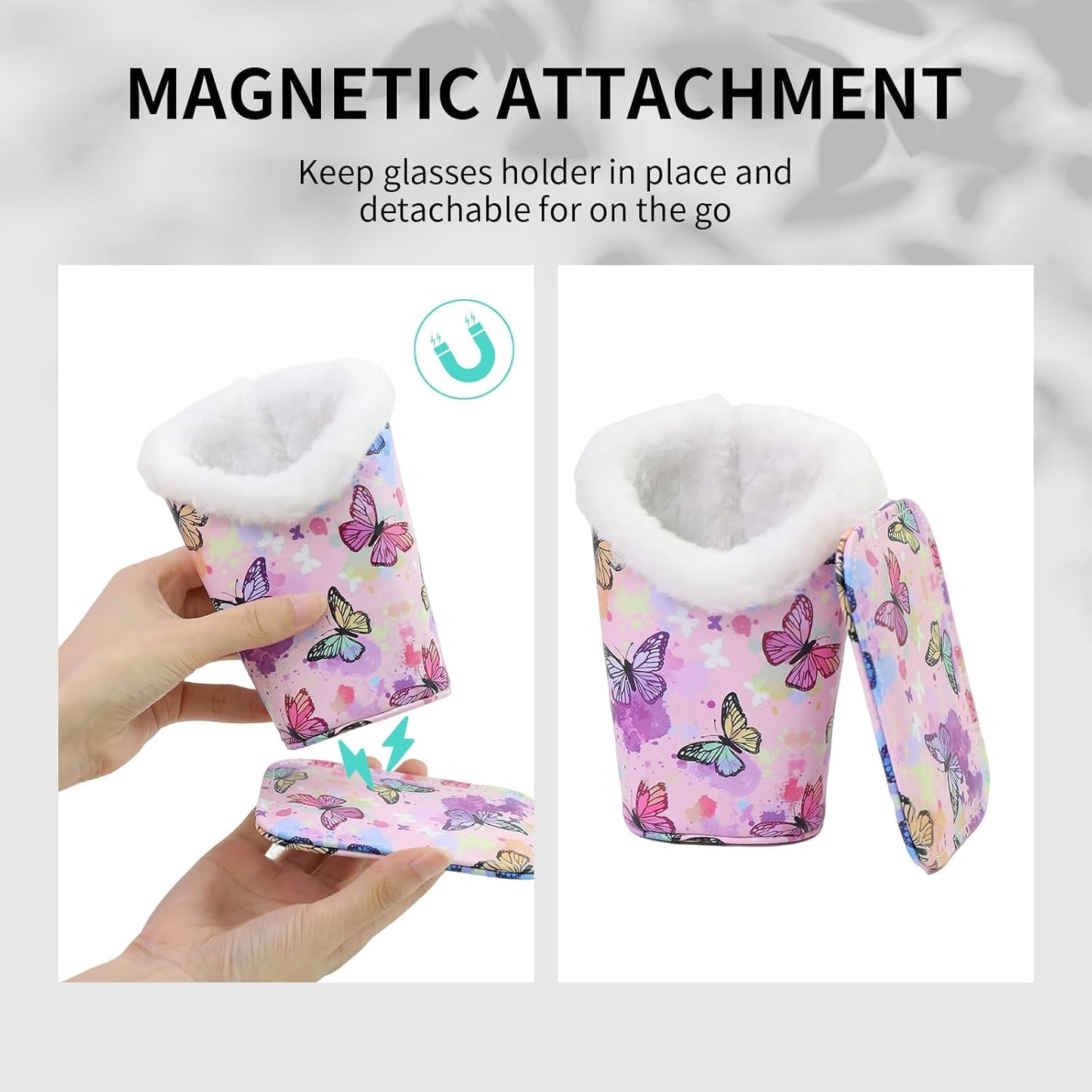Plush Lined Eyeglasses Holder, Cute Magnetic PU Leather Glasses Stand Case for Women Men Kids