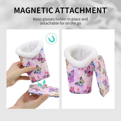 Plush Lined Eyeglasses Holder, Cute Magnetic PU Leather Glasses Stand Case for Women Men Kids