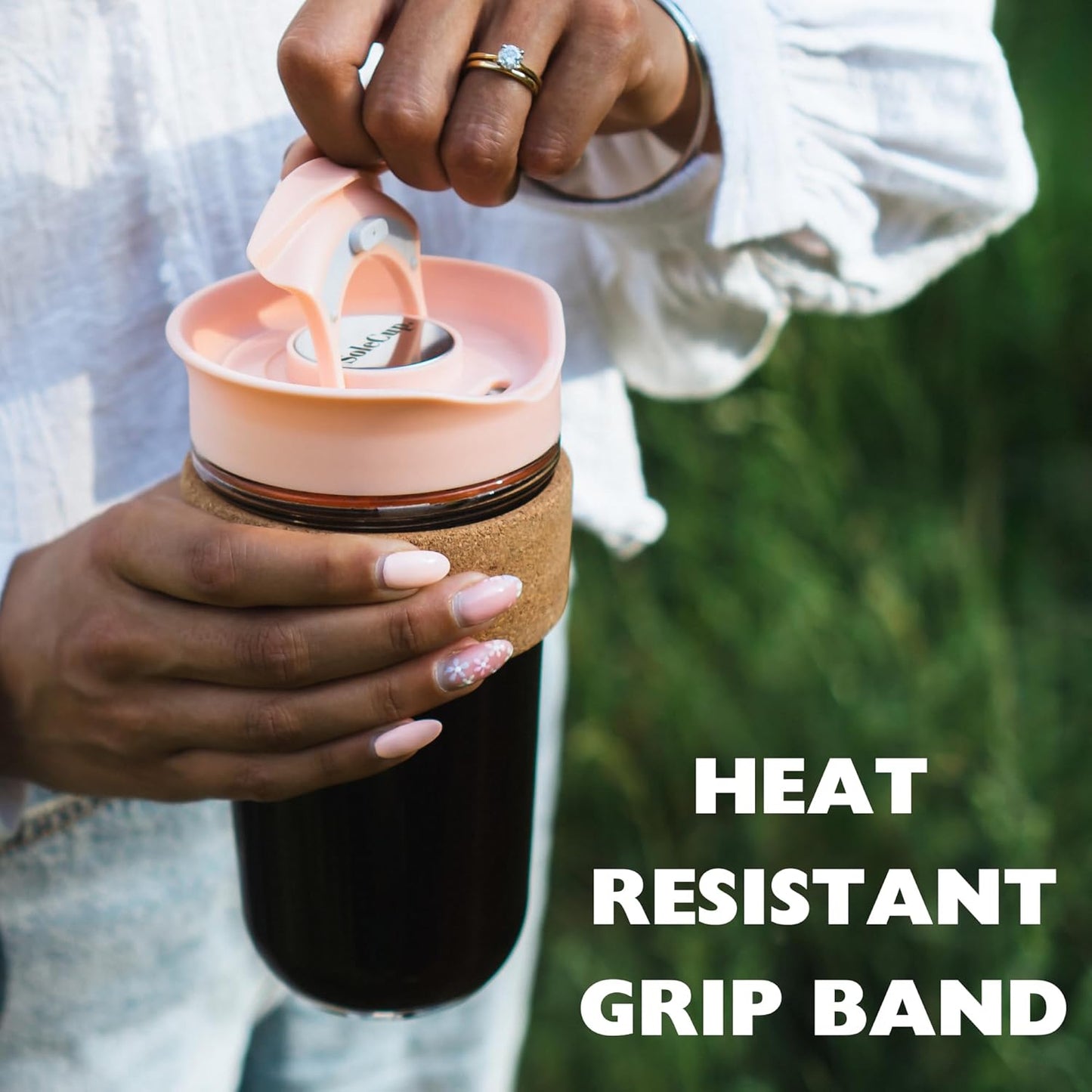 Large Travel Mug Loose Tea Infuser - Detachable Tea Strainer with Spill Proof Lid - 18oz/530ml BPA-Free Reusable Glass Travel Coffee Cup with Cork Band (Pink, 18oz)