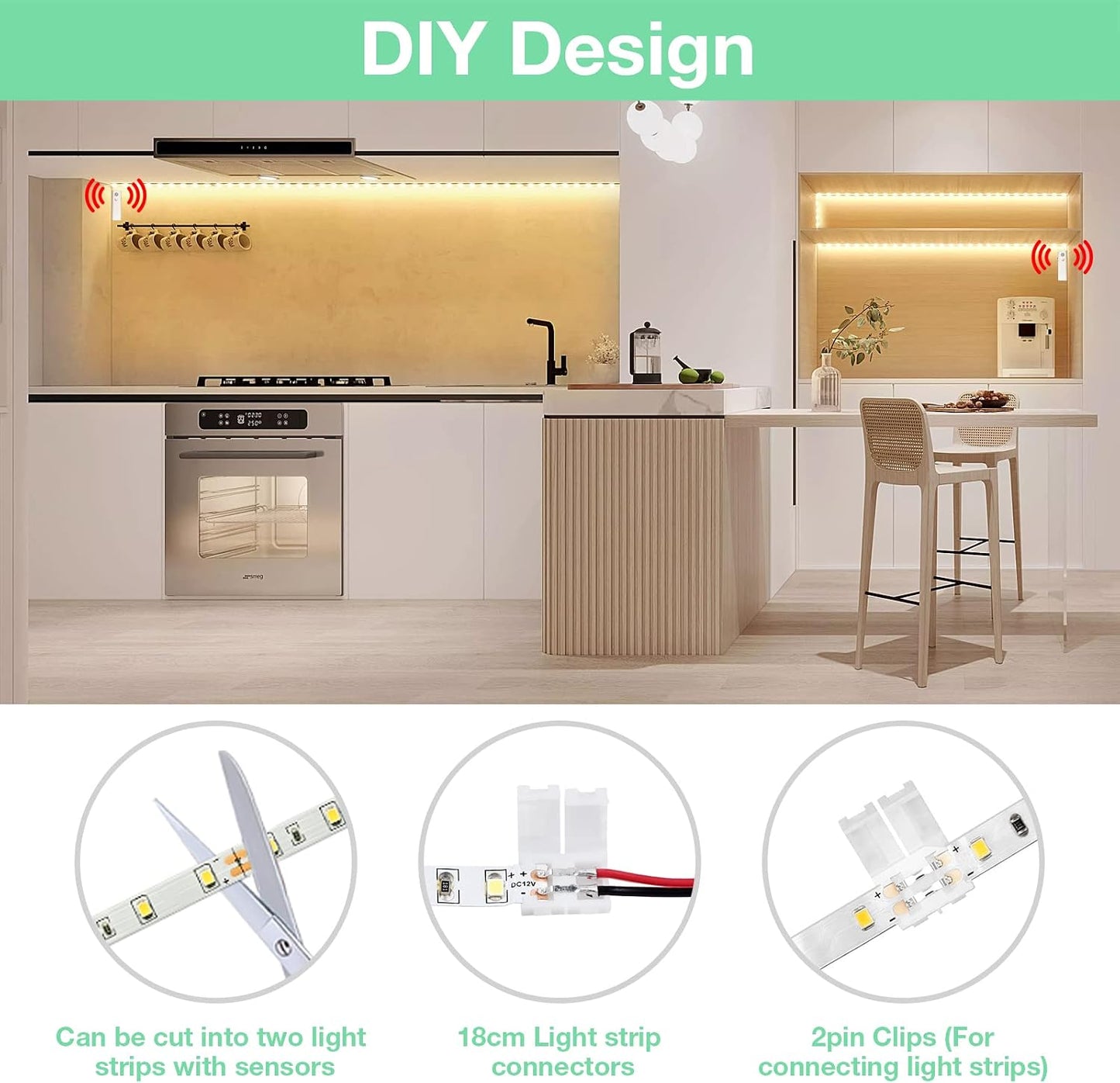 WOBANE Motion Sensor Stair Strip Lights,Rechargeable LED Closet Light,White | 2 X6.56ft Battery Powered Cordless LED Strip,60 LEDs Homelife Bar for Bed,Pantry,Counter,Night Light,Cabinet,6000K