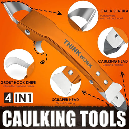 4 in 1 Silicone Caulking Tool Kit, Stainless Steel Caulk Remover Tool | Durable Construction, Quick & Easy to Use, 5 Replaceable Silicone Pads, Protective Gloves, Remove, Apply & Finish Caulk