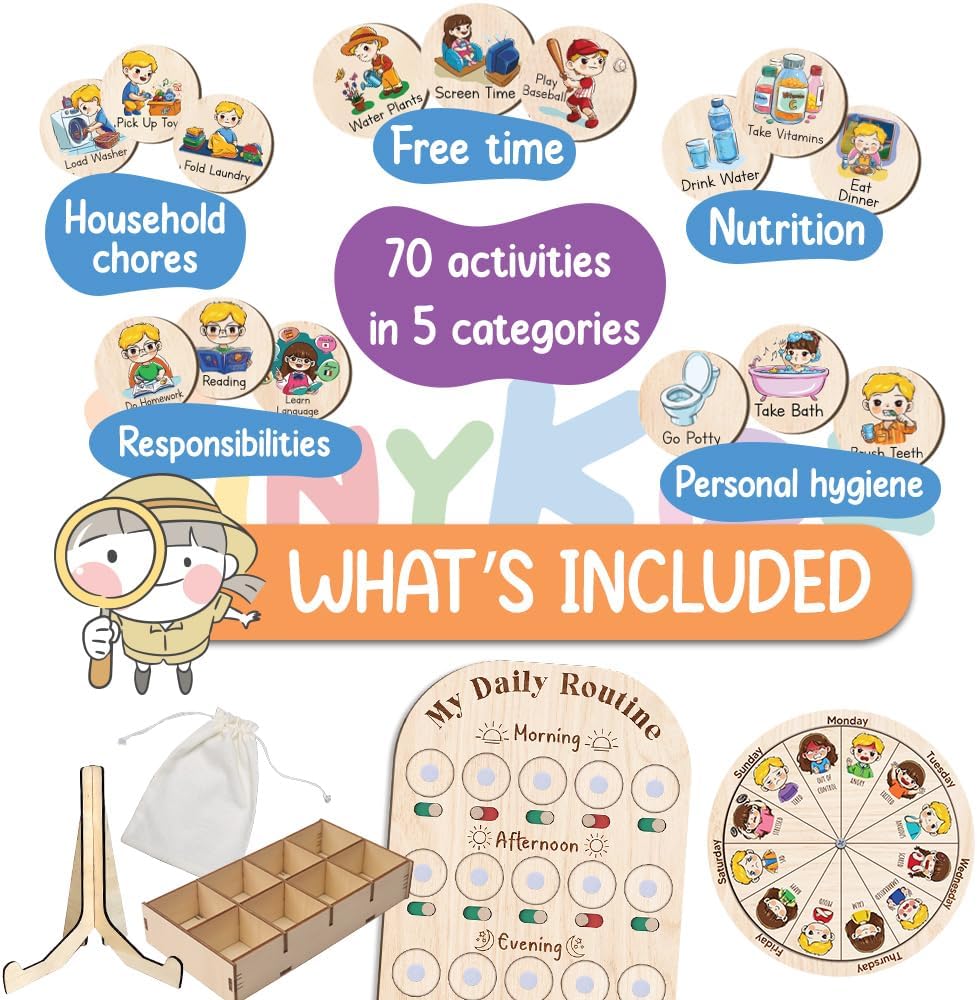 TinyKidz Wooden Daily Routine Chart 11x15, Schedule Board for Kids, Wooden Chore Chart for Kids, Responsibilities Chart for Toddlers, Morning Bedtime Routine for Toddlers