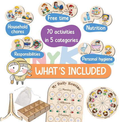 TinyKidz Wooden Daily Routine Chart 11x15, Schedule Board for Kids, Wooden Chore Chart for Kids, Responsibilities Chart for Toddlers, Morning Bedtime Routine for Toddlers