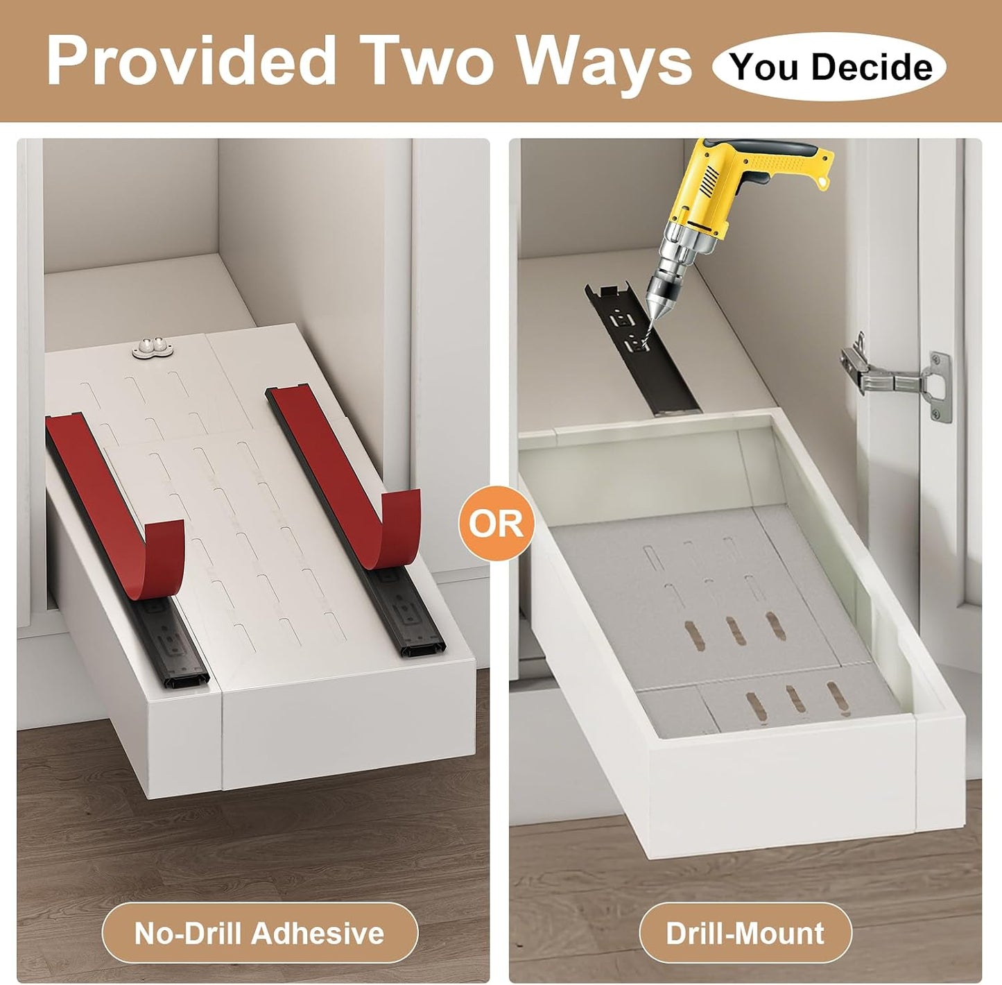 Fokyfok Pull Out Cabinet Organizer,23"-31"W,17"-24"D,Expandable,Adhesive | No Drill,5 Rails,Adjustable Slide out Drawers for Kitchen,Pantry,Roll out Shelves,Cabinets Without Lip,Framless,White,1PC