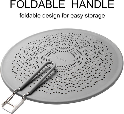 Silicone Grease Splatter Screen Pan Cover with Folding Handle, Heat Resistant Cooling Mat, Strainer, Drain Board, Oil Splash Guard for Frying Pan Cooking, 11.4 Inch