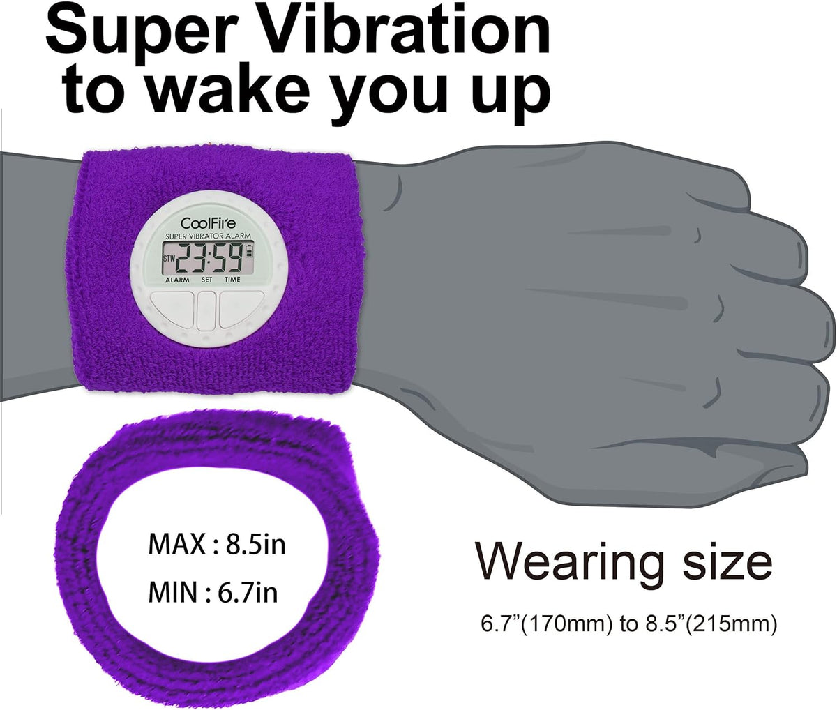 Coolfire Vibrating Alarm Clock Wristband, Silent Wake-Up Watch for Heavy Sleepers, Won’t Disturb Partner, Couples/Roommates, Deaf/Hearing Impaired, 4 Alarms, Bluetooth App, Rechargeable (Purple)