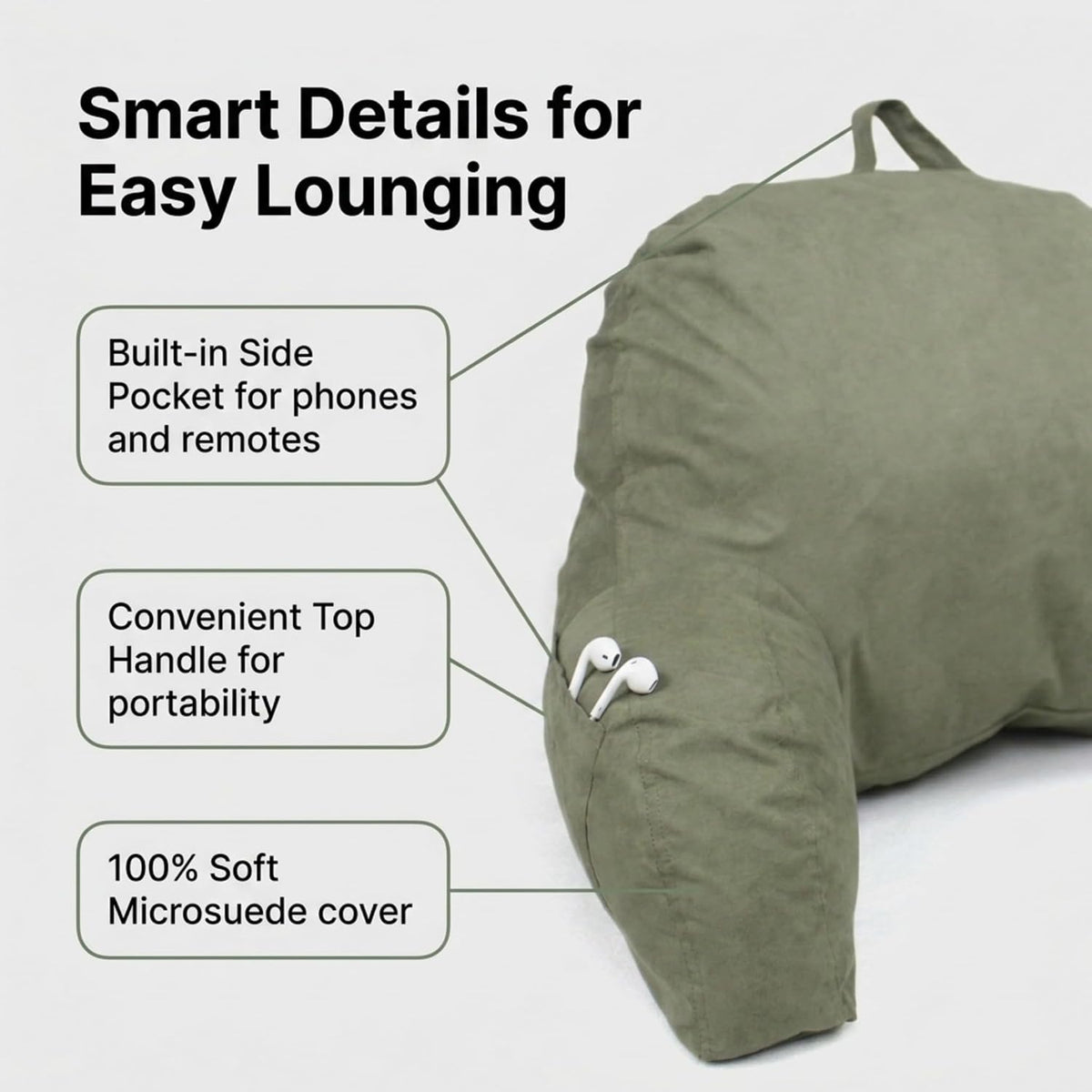 Deluxe Comfort Microsuede Bed Rest - Reading and Bedrest Lounger - Sitting Supprt Pillow - Soft But Firmly Stuffed Fiberfill - Backrest Pillow With Arms, Light Purple