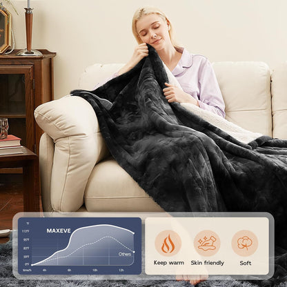 MAXEVE Electric Heated Throw Faux Rabbit Fur Blanket 8 Heating Levels