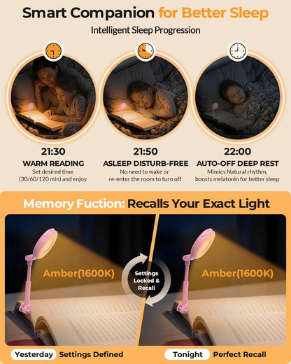 18 LED Rechargeable Clip On Book Light | 3 Color Temperatures, Stepless Dimming, Timer & Memory Function, Wide Beam Lighting, Bed Reading and Travel Use