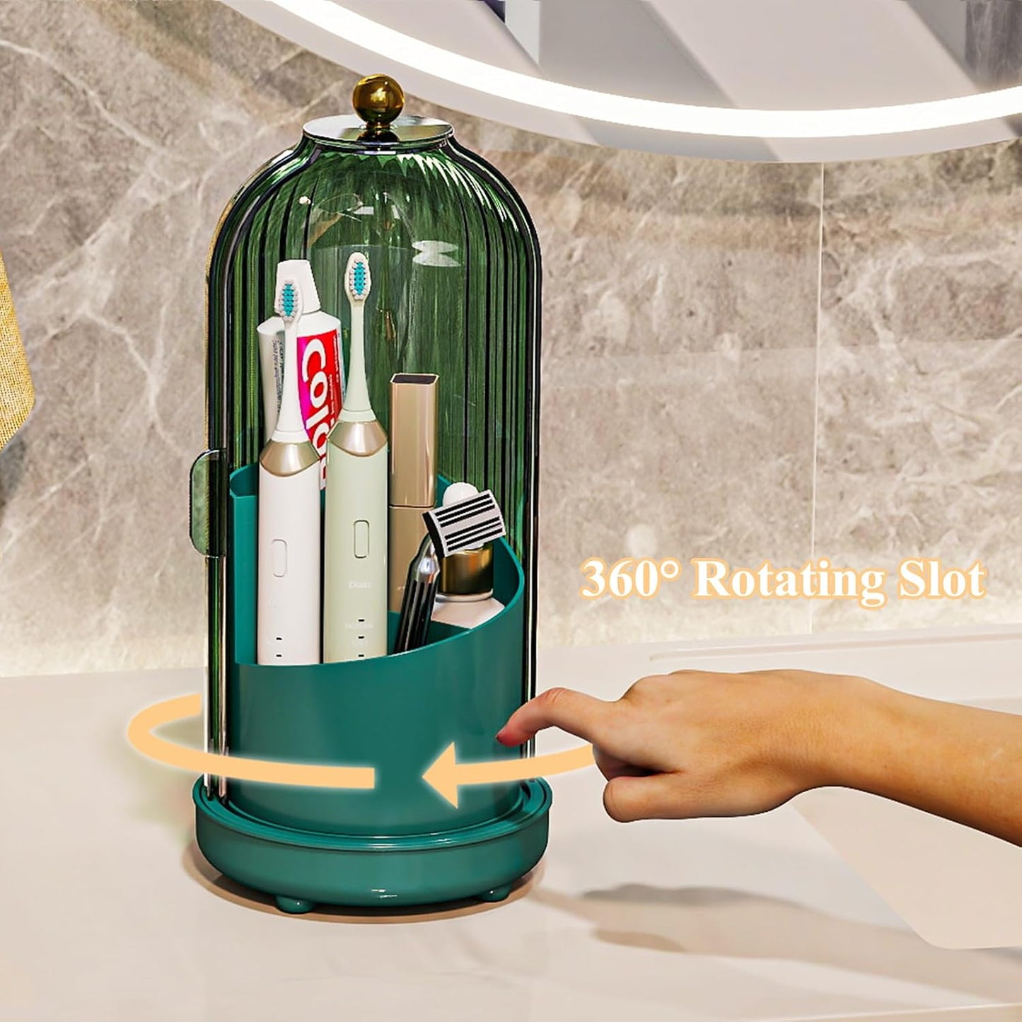 Drainable Toothbrush Toothpaste Holders with Cover, Transparent | Drainage Holes, Waterproof and Dustproof, 360° Rotating Base, Sliding Door, for Bathroom Counter