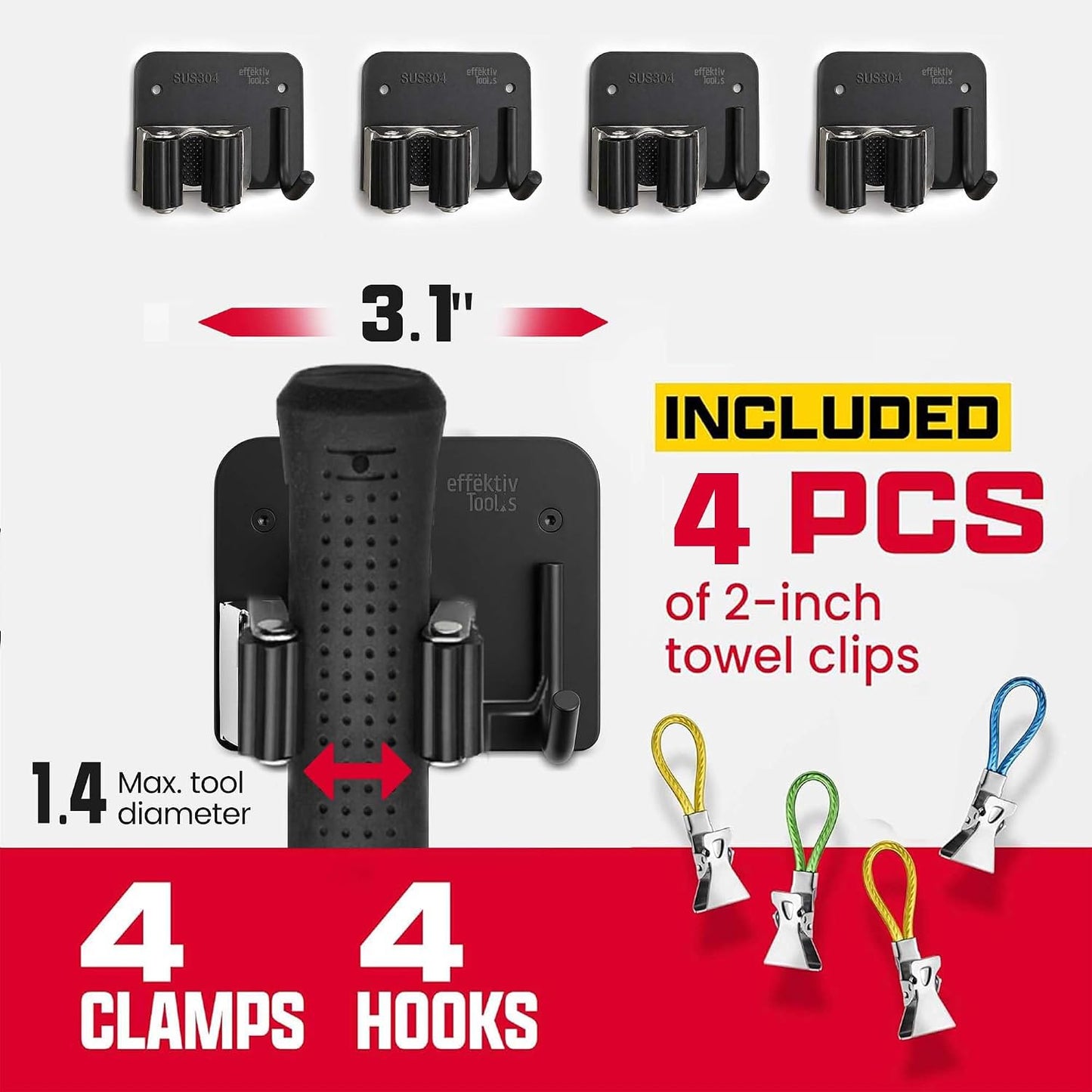 Wall Mount Hanger for Brooms & Mops - Adhesive Stainless Steel Mops & Broom Holder, 4 Clamps, 3 Hooks, & 5 Towel Hanger Clips Including Mounting Hardware for Utility Room Organization