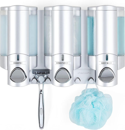 Better Living Aviva Wall Mount Shower Dispenser, 3 x 11 oz, Satin Silver | 3 Chamber, Shower Dispenser for Bathroom, Built-in Hooks, No Drill, Waterproof Dispenser Pump
