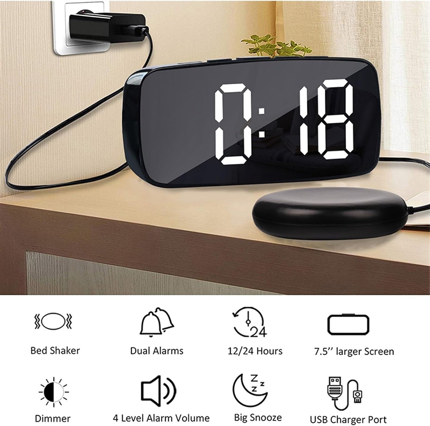 Alarm Clock Super Loud Vibrating Alarm Clock with Bed Shaker Multifunctional Dual USB for Heavy Sleeper Deaf Hard of Hearing Snooze