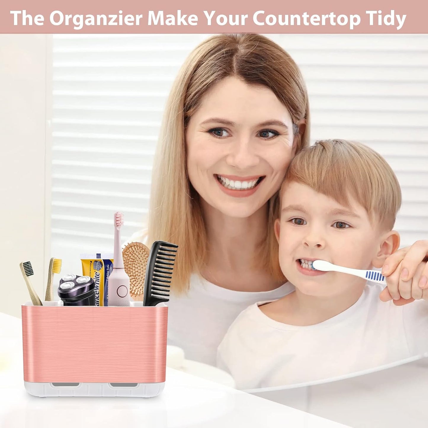 Boperzi Toothbrush and Toothpaste Holder Drainage for Bathroom Countertop with Adjustable Dividers, Large Toothpaste Caddy Organizer Storage Rustic Decor Set Anti-Slip for Shower,Family,Kids Gray