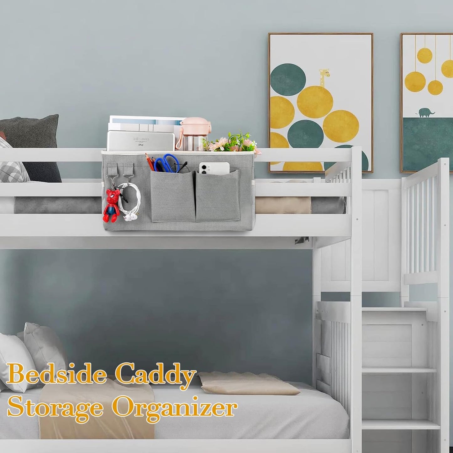 Bedside Caddy Bedside Storage Bag for Headboards/Bunk Bed | Hanging Bed Caddy with Hooks fits Bunk bed Hospital Beds Dorm Bed Rails, Essentials for Phones, Books, Remotes, Water Bottles