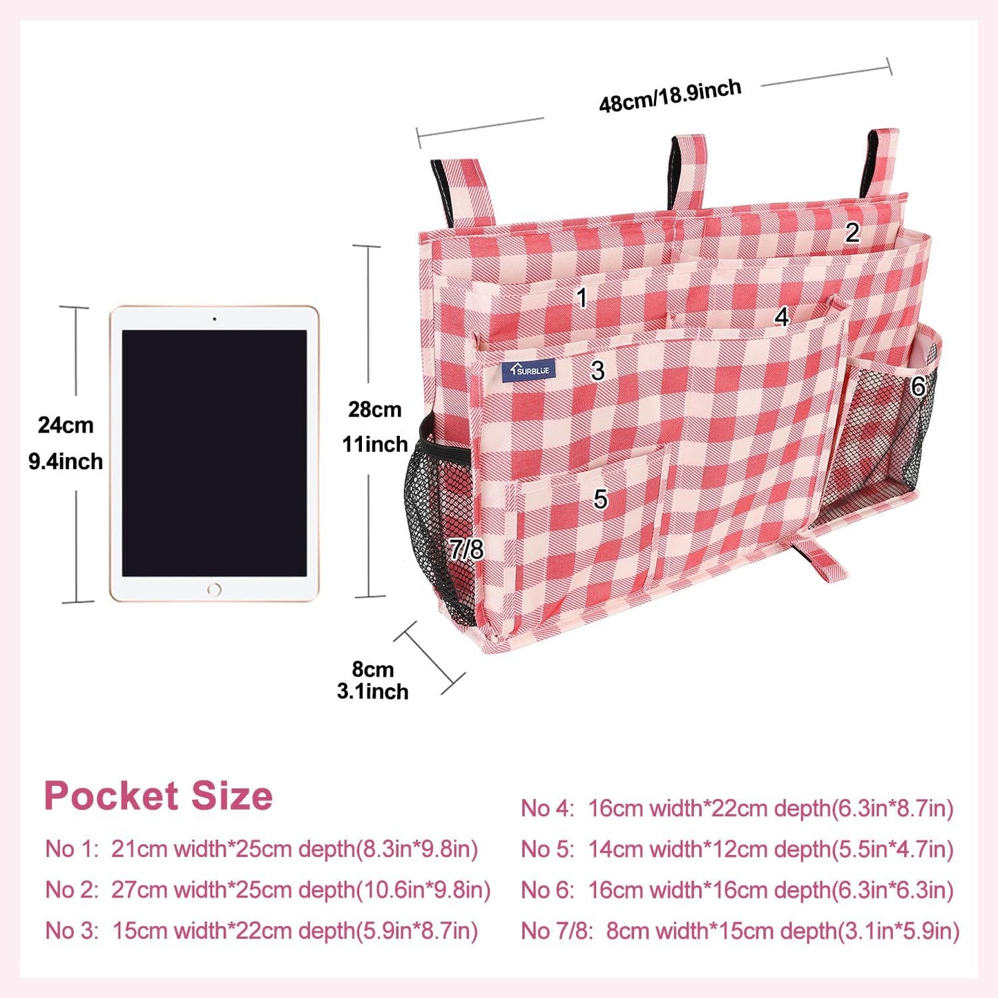 Surblue Bedside Caddy Hanging Organizer Storage Bag Pocket for Bunk, Hospital, College Dorm Rooms, Baby Bed Rails, Camp - 4 Pockets, 2 Hooks (Blue)