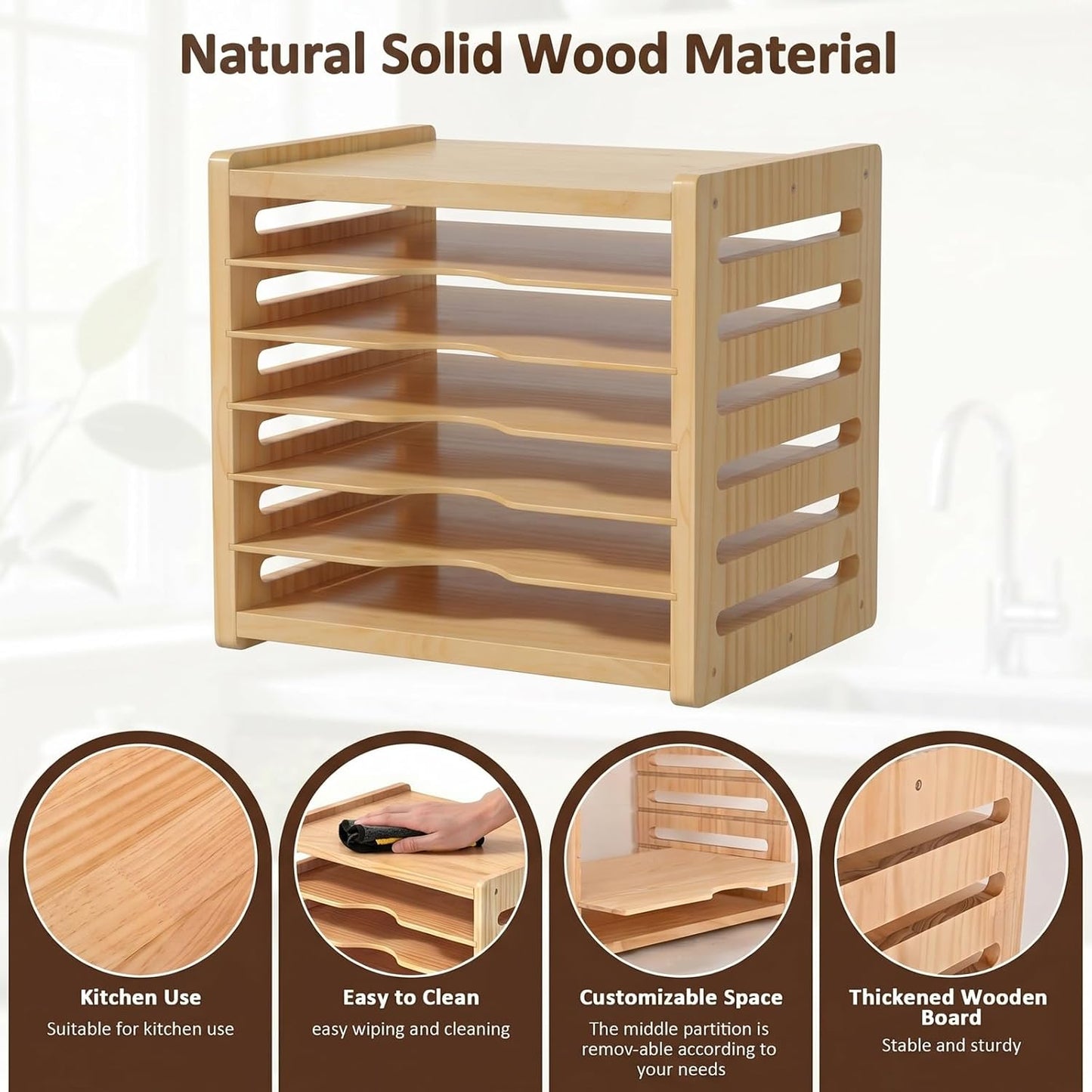 7 Tier Wooden Tray Dividers for Cabinets | Kitchen Vertical Cookie Sheet Organizer, Baking Trays Storage Rack, For Baking Pans, Cutting Board