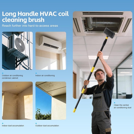HVAC Coil Cleaning Brush with Long Handle, Double-Sided AC Evaporator & Condenser Coil Cleaner Brush, Carpet Pet Hair Remover for Vents, Ducts, Furniture
