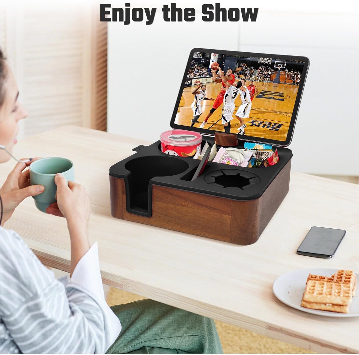 Couch Cup Holder Tray, Real Acacia Wooden Caddy with Soft Silicone, Snack and Drink Organizer- Perfect Movie Night Accessories for Bed, Remote and Cup Holders for Sofa (Black)
