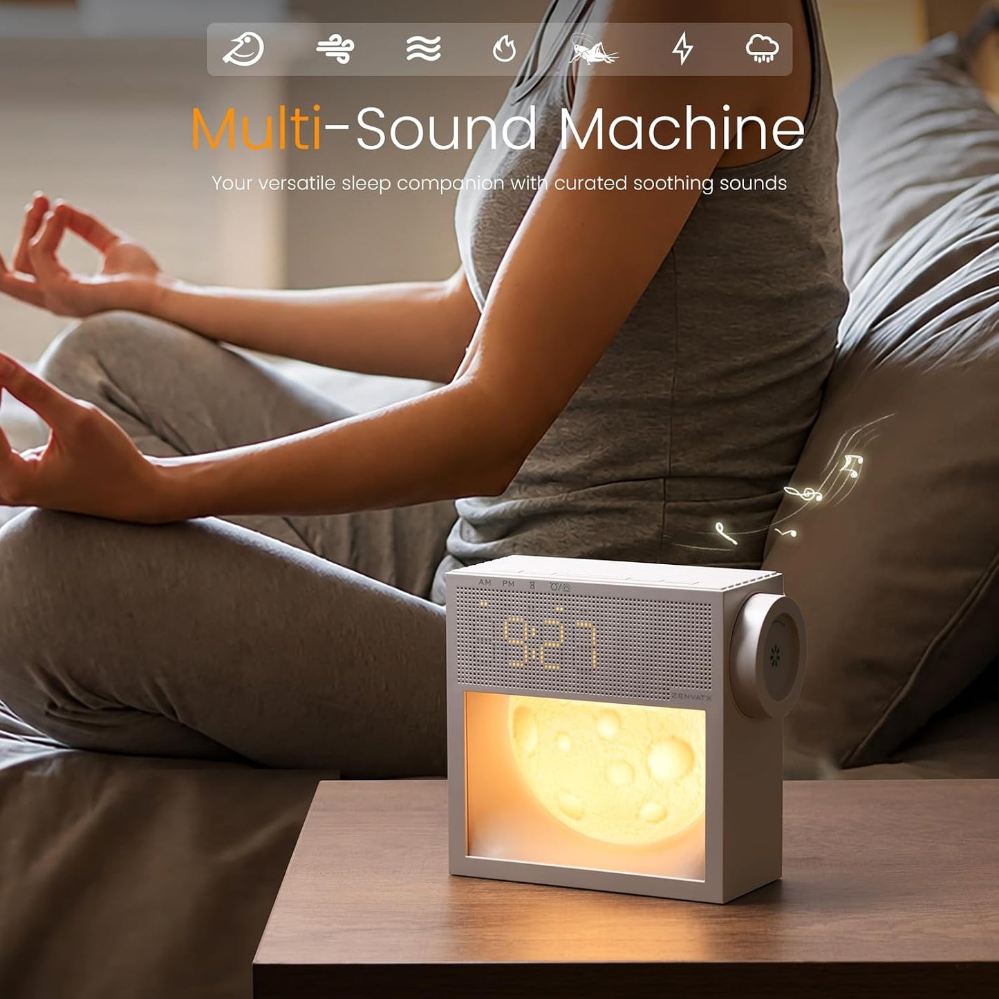Portable Alarm Clock with Sounds Machine Night Light for Bedroom | 2000mAh, 20 Soothing White noise for Sleep, Digital Alarm Clock with Snooze, Gentle Wake Up Light, Sleep Timer (30-120 min)