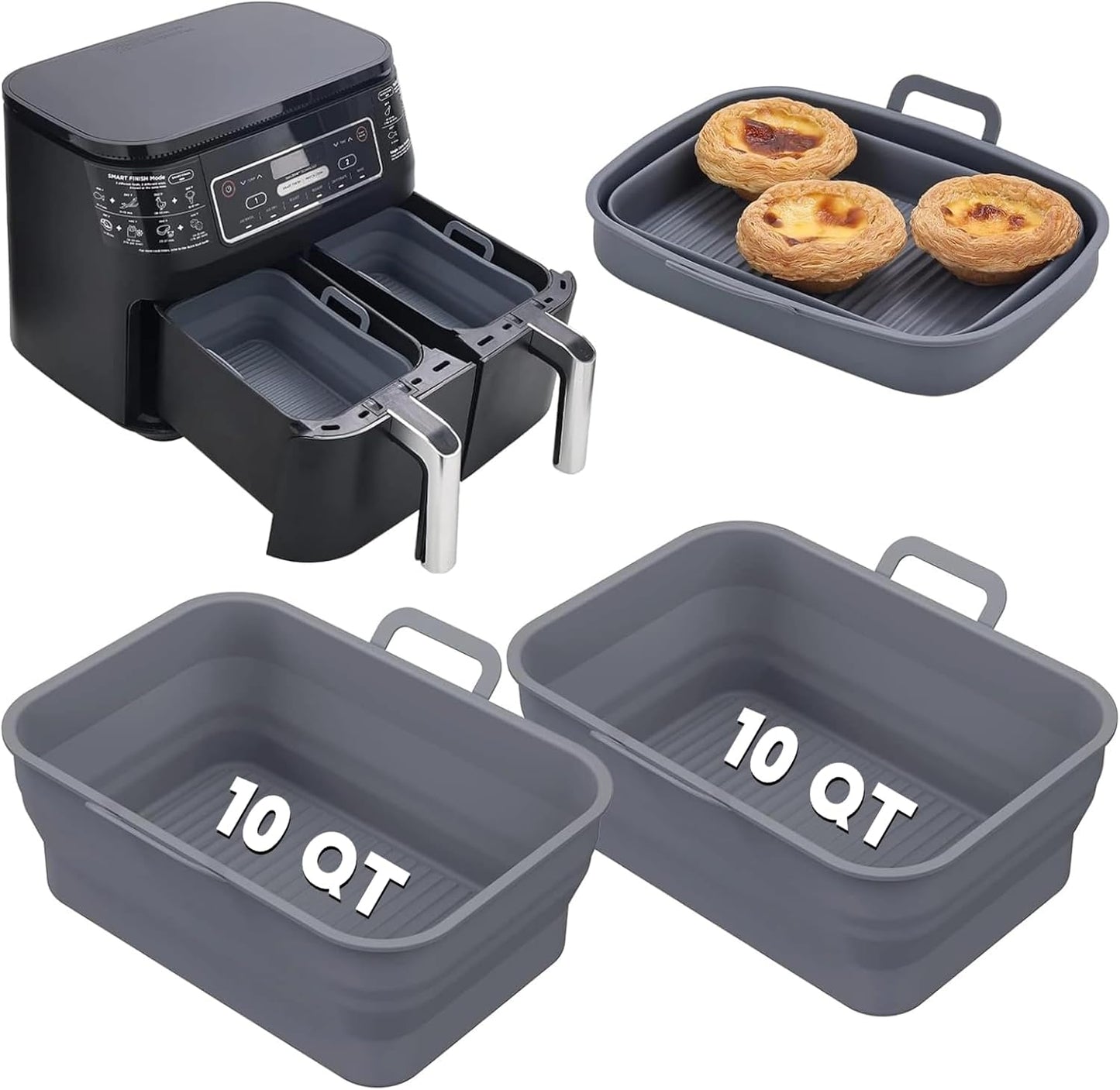 Collapsible Silicone Air Fryer Liners 8QT 10QT Ninja Dual (Gray) | 2 Pack Food Grade Platinum Silicone, Snug Rectangular Fit, Grease Drainage Ridges, Dishwasher Safe, BPA Free Basket Liner