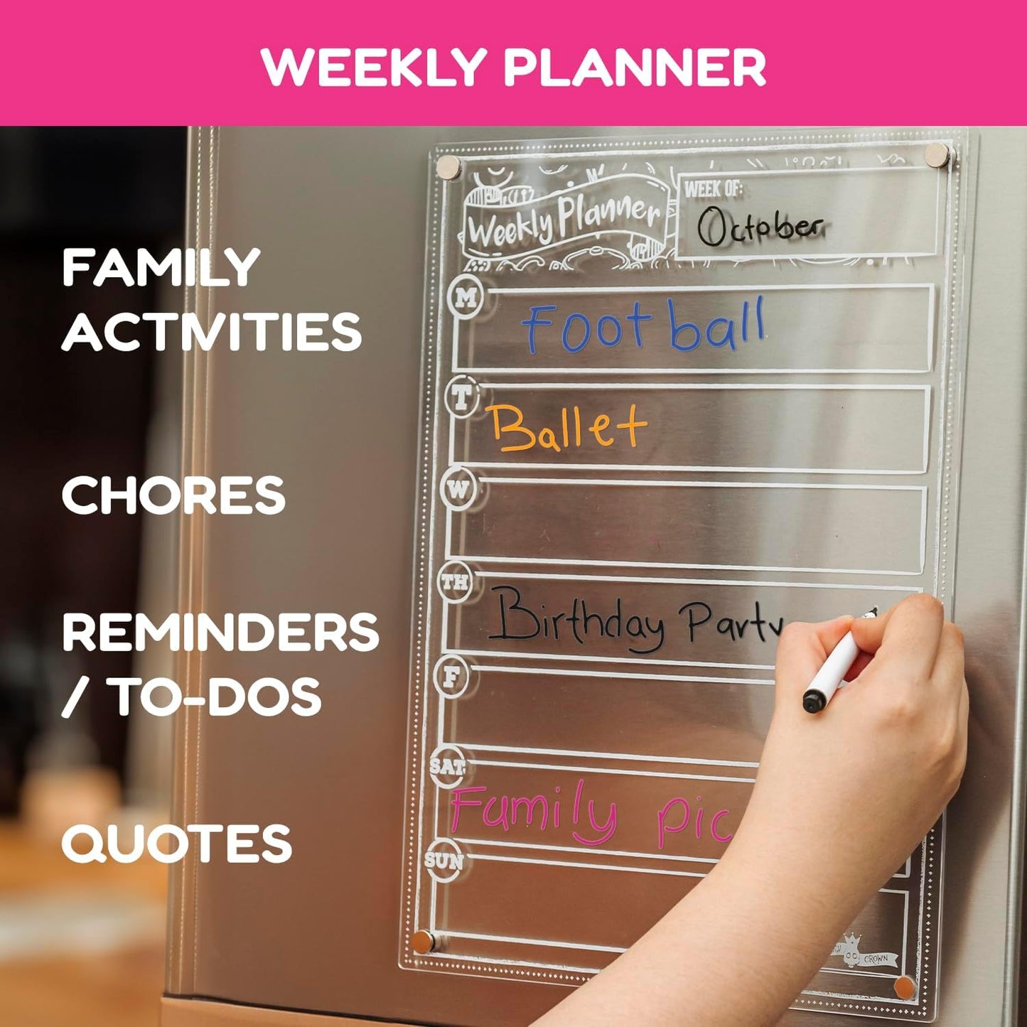 CHALKY CROWN Magnetic Dry Erase Menu Board - Black - 15.6" x 11.6" | Magnetic Weekly Meal Planner & Grocery List for Fridge - Includes 4 Liquid Chalk Markers - Easy to Write & Wipe Clean Design
