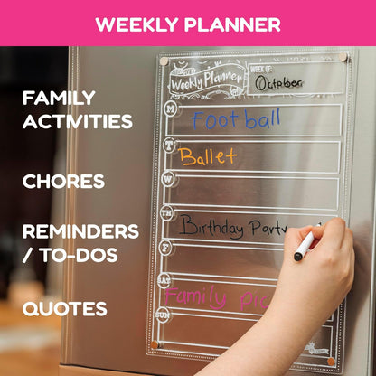 CHALKY CROWN Magnetic Dry Erase Menu Board - Black - 15.6" x 11.6" | Magnetic Weekly Meal Planner & Grocery List for Fridge - Includes 4 Liquid Chalk Markers - Easy to Write & Wipe Clean Design