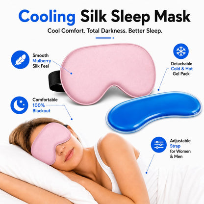 Silk Sleep Mask with Cooling Gel | Pure Mulberry Silk, Adjustable Strap, Superior Light Blocking, Includes Removable Ice Pack & Earplugs