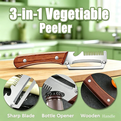 2026 Upgraded Multi-Functional Vegetable Peeler, Premium Peeler with Wooden Handle & Bottle Opener, Non-slip Kitchen Gadget for Potato, 2 Pack