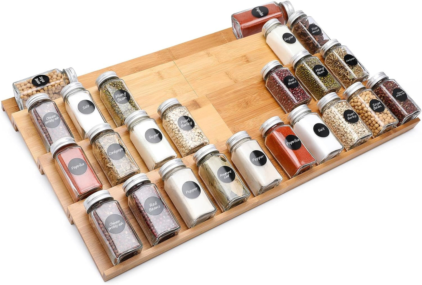 Bamboo Spice Drawer Organizer, 4 Tier Expandable From 13" to 26"