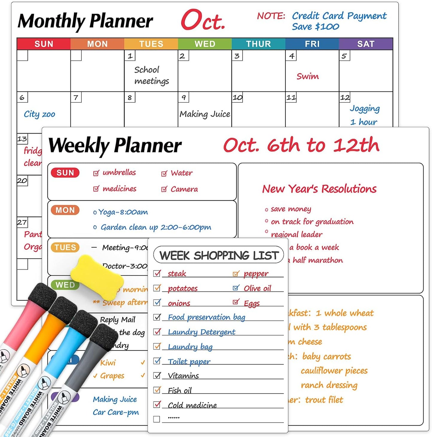 Dry Erase Magnetic Calendar for Refrigerator, 3 Pack- Monthly & Weekly & Daily Planner Magnet Whiteboard for Fridge Wall Door - Shopping, Meal/Menu, To Do List, Family Schedule Planning Board, 14"x11"