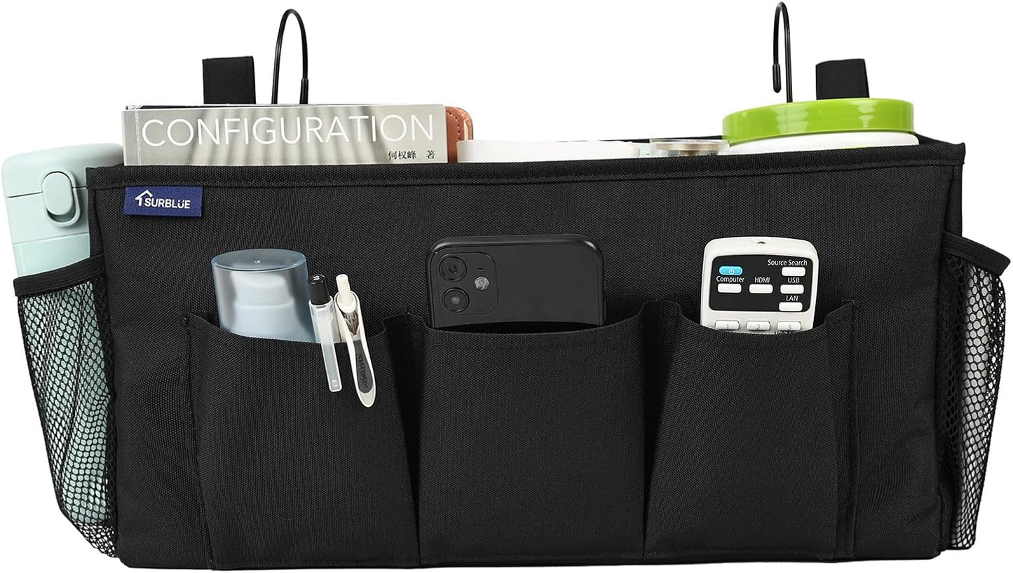 Surblue Bedside Organizer with Hook Bedside Caddy Hanging Storage Bag with Adjustable Straps and Water Bottle Holder for Home College Dorm Bunk Bed Accessories, Crib Bed Rails, Hospital Bed, Black