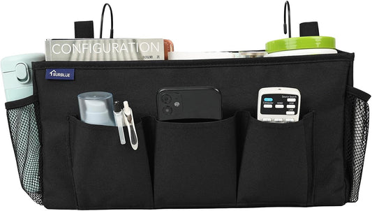 Surblue Bedside Organizer with Hook Bedside Caddy Hanging Storage Bag with Adjustable Straps and Water Bottle Holder for Home College Dorm Bunk Bed Accessories, Crib Bed Rails, Hospital Bed, Black