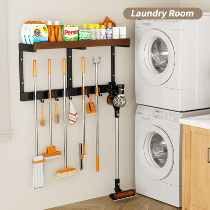 Broom and Mop Organizer Wall Hanging, Broom Hanger Holder Wall Mount | 3-in-1 Mop and Broom Holder Wall Mount with Storage Shelf & Vacuum Organizer,5 Racks,5 Hooks for Garage,Kitchen,Laundry Room