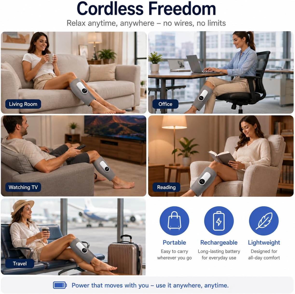 Cordless Leg Massager with Air Compression & Kneading, Rechargeable Calf Massager Wrap for Relaxation, Muscle Comfort & Everyday Recovery, Adjustable Fit, Single Leg