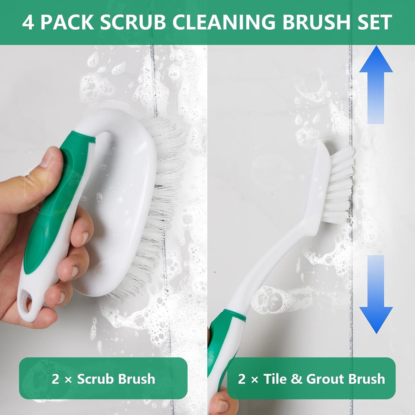 Scrub Brush Set, 4 Pack Deep Cleaning Brush Kit, Green | 2 Scrub Brush, 2 Tile & Grout Brush with Built-in Scraper, Household Commercial Scrubber for Floor, Shower, Pool Wall, Tub