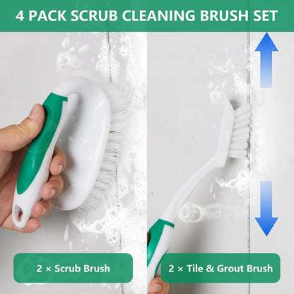 Scrub Brush Set, 4 Pack Deep Cleaning Brush Kit, Green | 2 Scrub Brush, 2 Tile & Grout Brush with Built-in Scraper, Household Commercial Scrubber for Floor, Shower, Pool Wall, Tub