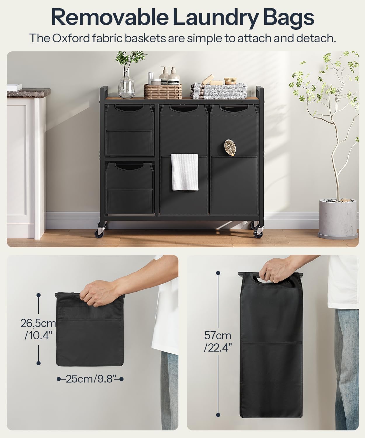 HOOBRO Laundry Sorter with 4 Section, 39 Gal. (147 L) Laundry Hamper with Wheels, Rolling Laundry Basket with Shelf, Pull-Out Detachable Bags, Side Pockets, Rustic Brown, Black and Beige BFE14XY01N1
