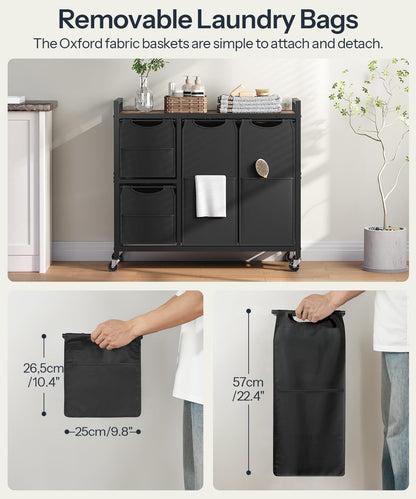 HOOBRO Laundry Sorter with 4 Section, 39 Gal. (147 L) Laundry Hamper with Wheels, Rolling Laundry Basket with Shelf, Pull-Out Detachable Bags, Side Pockets, Rustic Brown, Black and Beige BFE14XY01N1