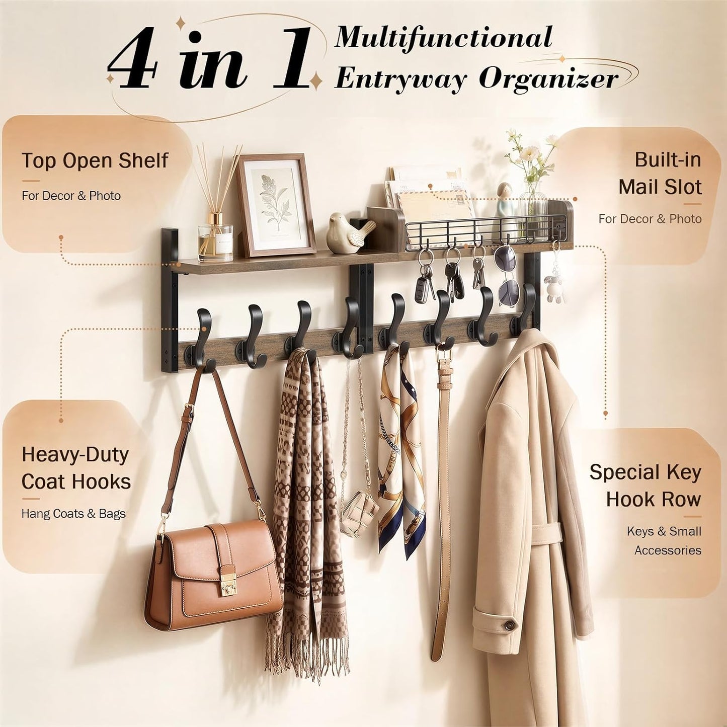 Delamu 29" Large Coat Rack Wall Mount with Shelf, 4 in 1 Shelf with 11 Hooks, Wooden Key and Mail Holder for Wall for Entryway, Living Room and Bedroom, Brown
