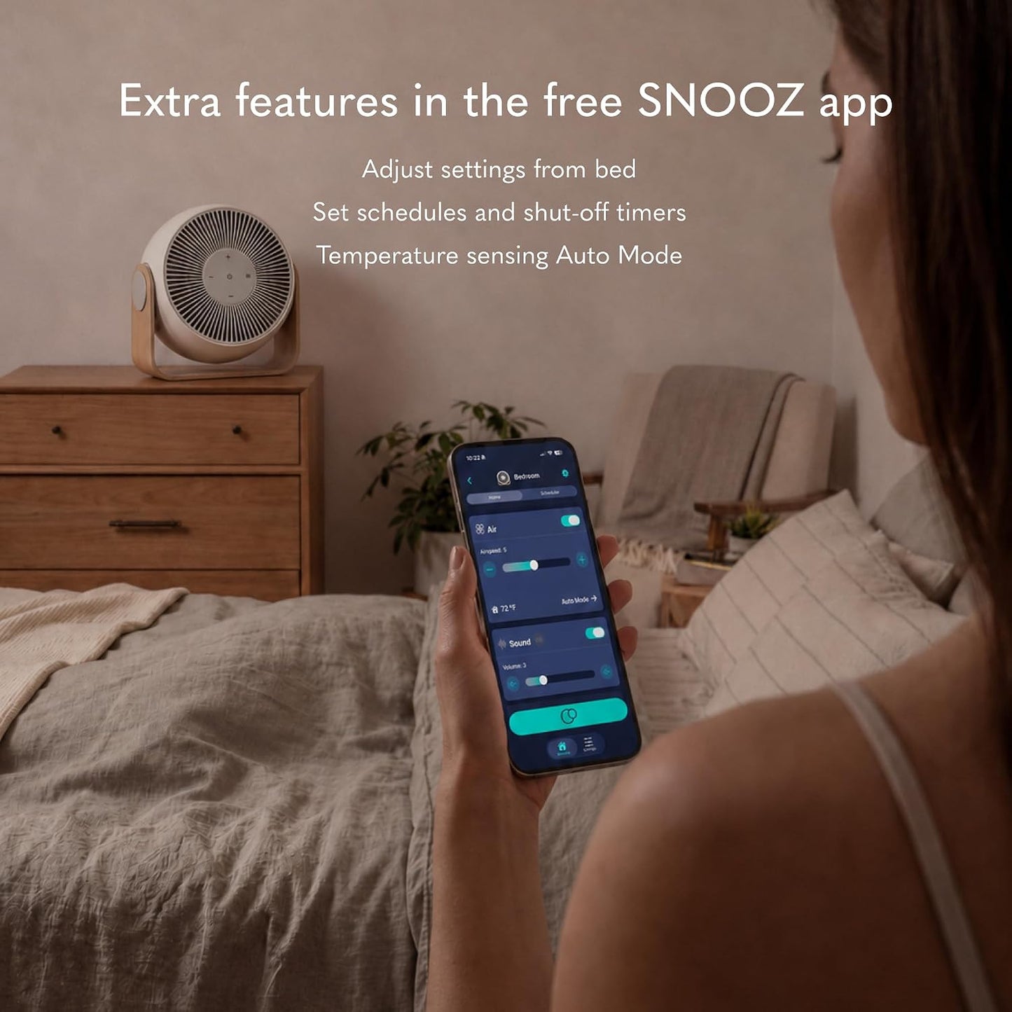 SNOOZ Breez 2 Smart Cooling Fan for Bedroom & White Noise Machine, Powerful | 2-in-1 Fan + White Noise Machine, 380 CFM, 10 Fan Speeds, 10 Sound Levels, App Remote, Timer, Scheduler, Auto Temp, Wood Base