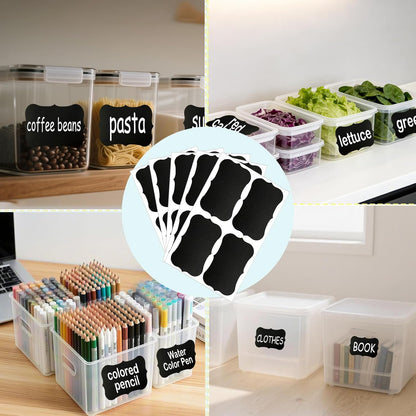 200PCS Chalkboard Labels, 13 Shapes & 3 Sizes, Reusable Blackboard Stickers | Includes 1 Liquid Chalk Marker, for Pantry Jars, Food Containers, Spice Racks & Organization