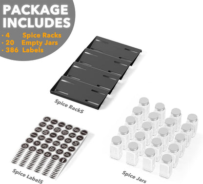 SpaceAid Spice Drawer Organizer with 28 Spice Jars, 386 Spice Labels, 4 Tier Seasoning Rack Tray Insert for Kitchen Drawers, 13" Wide x 17.5" Deep