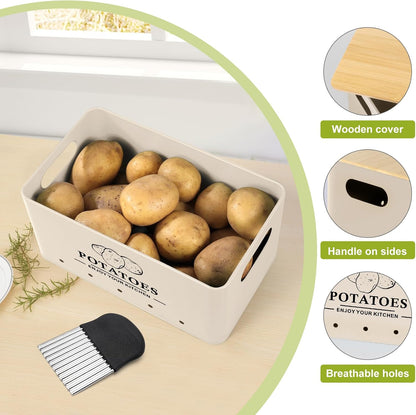Kitchen Vegetable Storage Set of 3, Metal Onion Garlic Potato Storage Set, Kitchen Canisters Vegetable Keeper Containers with Aerating Holes and Bamboo Lid,Black