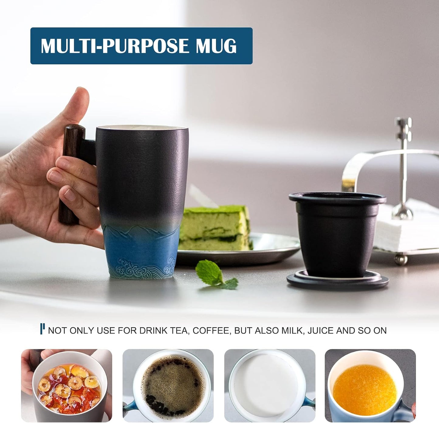 suyika Ceramic Tea Cup with Infuser and Lid Tea Mugs Wooden Handle 400ml/13.5oz Dark Green