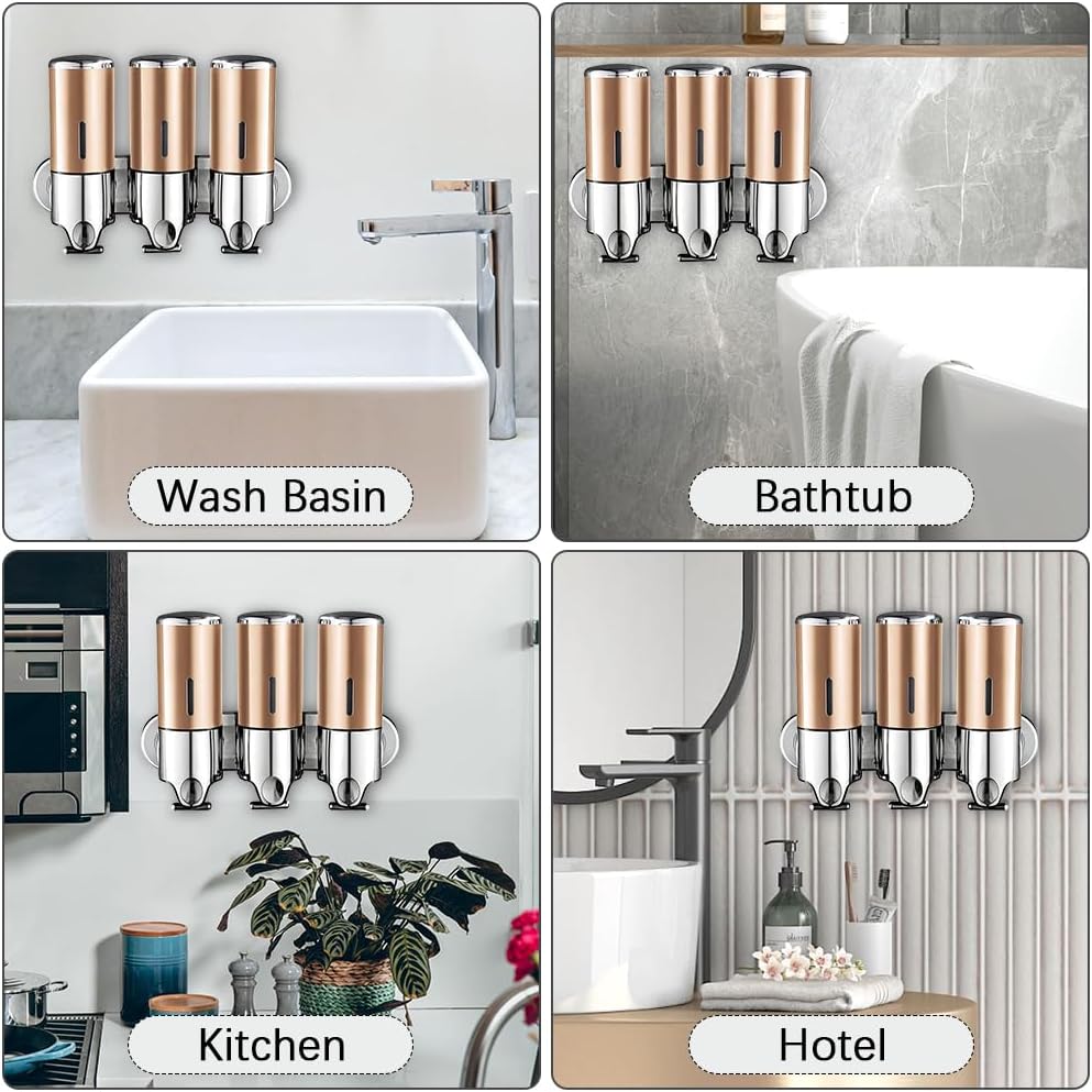 3 in 1 Chamber Wall Mounted Shampoo and Conditioner Dispenser (Silver) | No Drill Shower Soap Dispenser for Bathroom & Hotel Leak-Proof Pumps, Easy Installation and Large Capacity