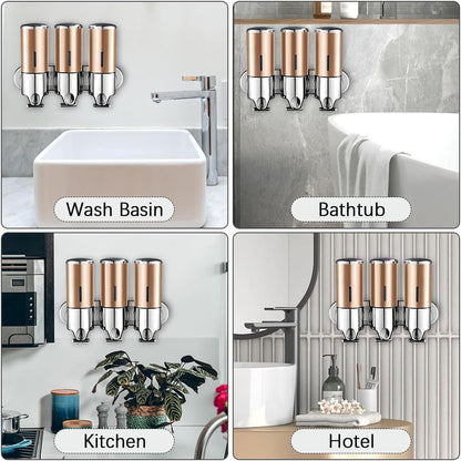 3 in 1 Chamber Wall Mounted Shampoo and Conditioner Dispenser (Silver) | No Drill Shower Soap Dispenser for Bathroom & Hotel Leak-Proof Pumps, Easy Installation and Large Capacity